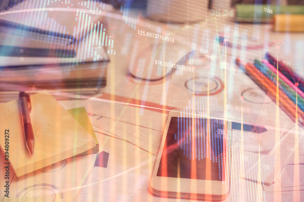 Double exposure of forex chart drawing and cell phone background. Concept of financial data analysis Double exposure of forex chart drawing and cell phone background. Concept of financial data analysis