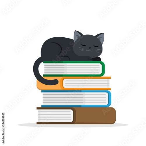 Cat sleeping on a pile of books. Vector illustration