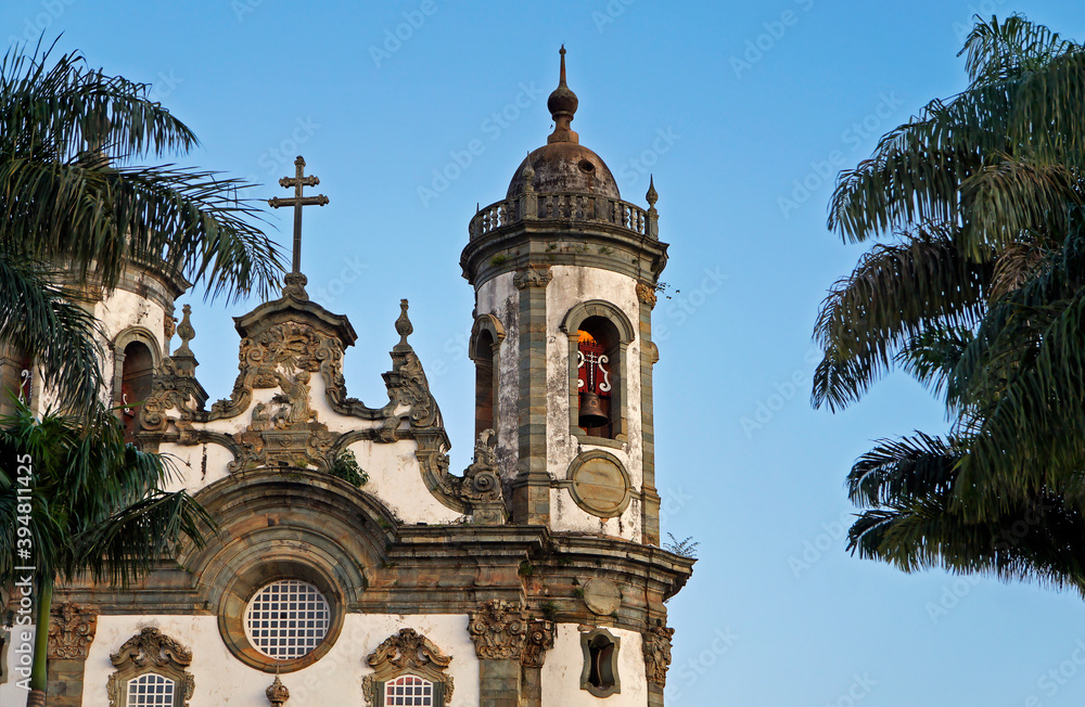 Baroque church and palm trees in Sao Joao del Rei, Brazil 