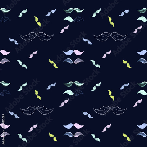 Seamless pattern with set of colorful mustache on nave blue background