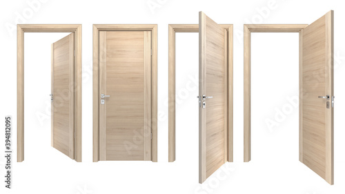 Fototapeta Naklejka Na Ścianę i Meble -  Set of classic style solid wood doors closed and open outside, inside of house room. Simple modern light pine wooden doorways for home interior design