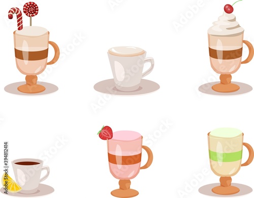 Set of coffee types and packages. Coffee menu vector illustration. Preparation of beverages. Collection of glasses with cappuccino, latte, espresso, americano, mocha, frappuccino. Take away. Vector