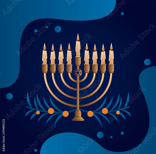 happy hanukkah celebration with candelabrum and leafs