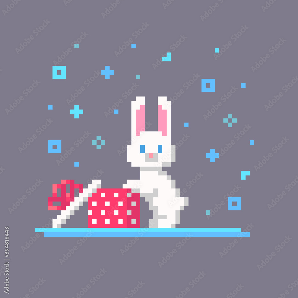 Pixel art Christmas rabbit opened the box. Pixel art Christmas rabbit opened the box.