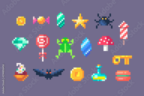 Pixel art game elements. GUI icons for game design.