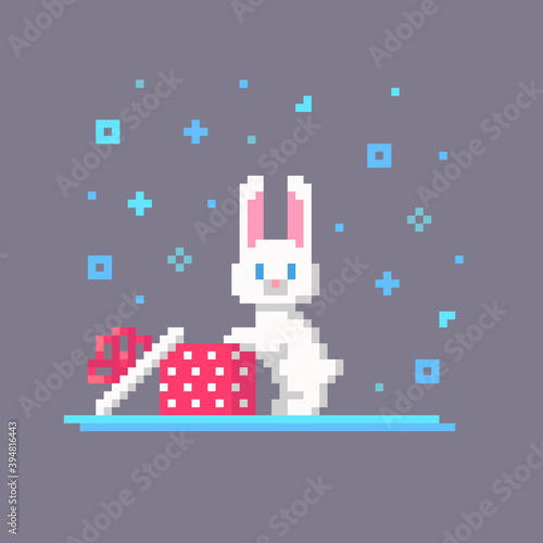 Pixel art Christmas rabbit opened the box.