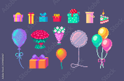 Pixel art set of presents and gifts on holidays events.