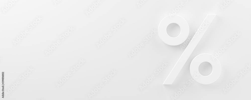 White percent sign on white background with copy space flat lay top view from above - obrazy, fototapety, plakaty 