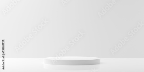 Empty modern abstract white room with elevated cylindrical platform in the center, product presentation template background © Shawn Hempel