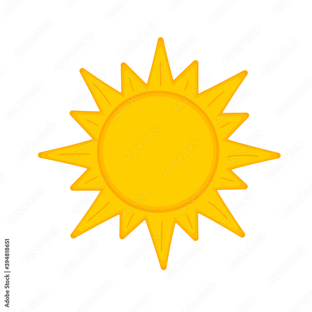 Cartoon sun icon isolated on white background. Symbol of spring or summer. Weather forecast sign. Vector illustration. Cartoon sun icon isolated on white background. Symbol of spring or summer. Weather forecast sign. Vector illustration.