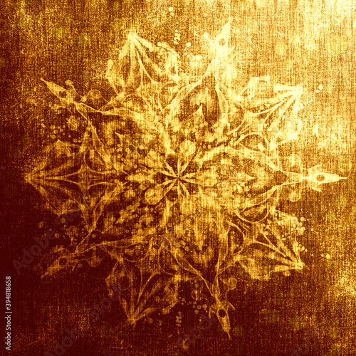 Golden oriental pattern, floral circles with traditional elements. Luxury Winter texture with frozen snowflakes. Boho foil textile background, oriental ethnic carpet. New Year and Christmas concept.