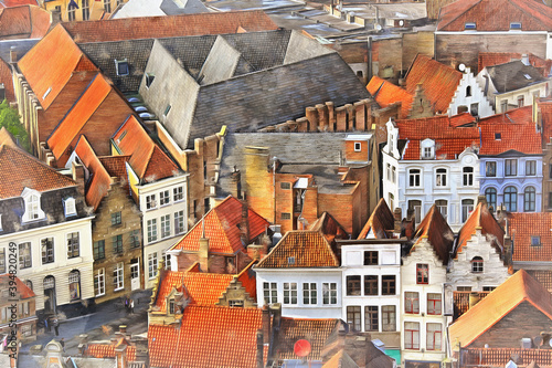 View of Bruges from the Belfry colorful painting looks like picture, Belgium.