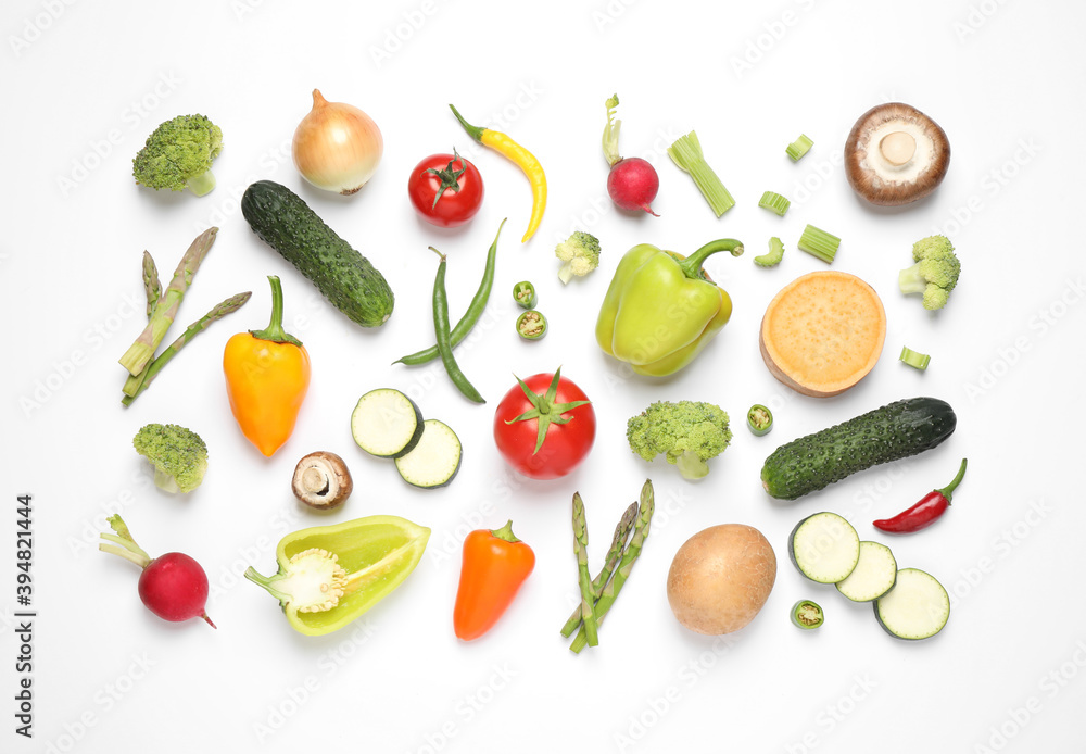 Flat lay composition with fresh vegetables on white background Flat lay composition with fresh vegetables on white background