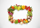 Frame of fresh vegetables on white background, flat lay. Space for text