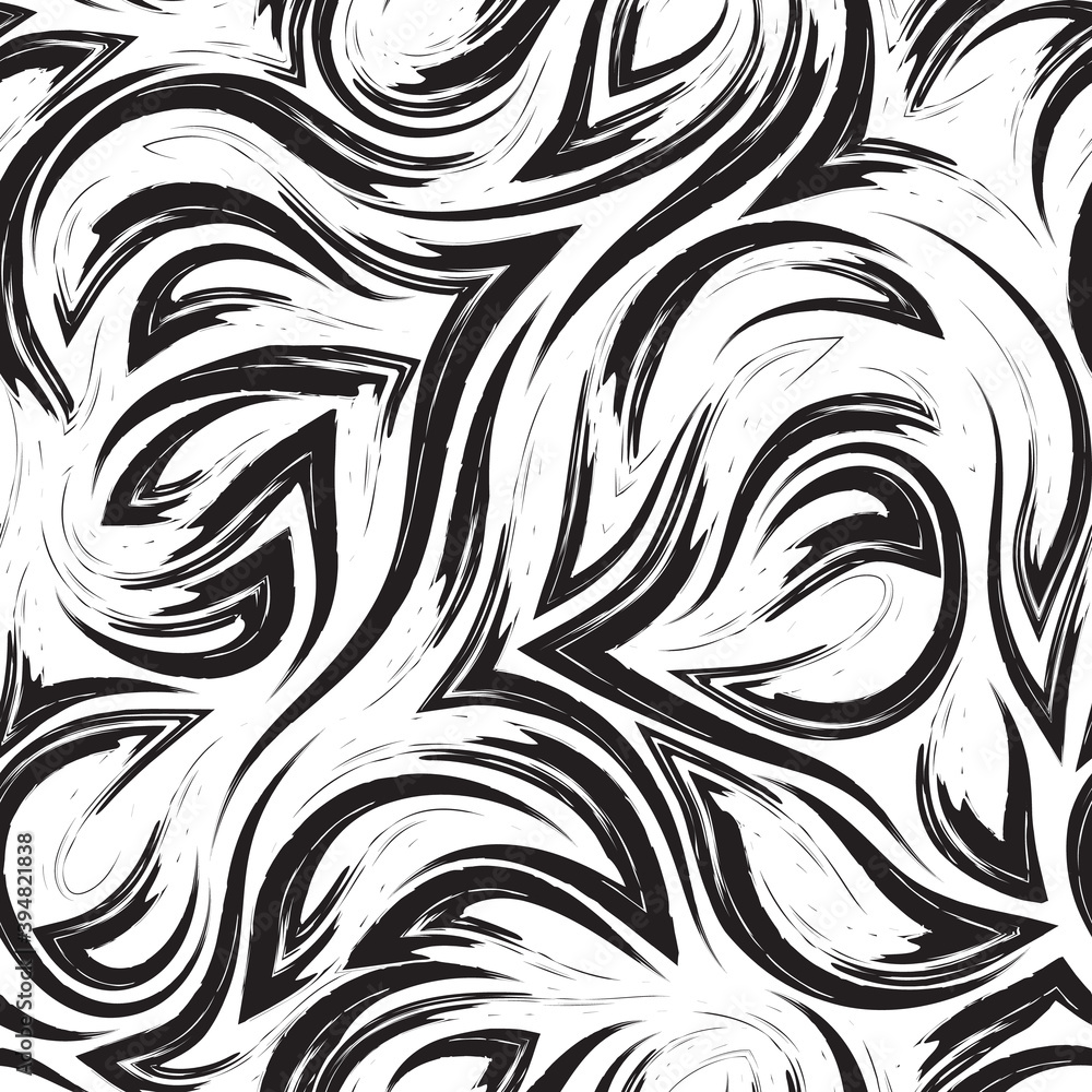 Black vector geometric seamless pattern from corners of flowing lines and waves isolated on white background.Water or sea flow texture.