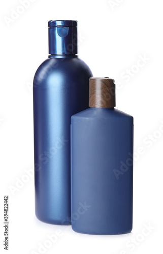 Bottles with shampoo and shower gel isolated on white. Men's cosmetic