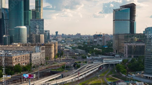 sunny summer day moscow city traffic road junction rooftop aerial panorama 4k timelapse russia photo