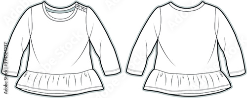 T-shirt design for mini girls. long sleeve girl child top flat sketch vector