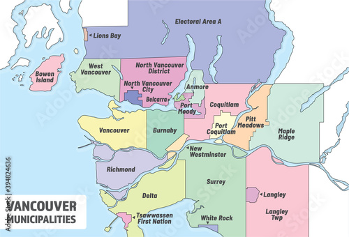 Greater Vancouver municipalities map. Administrative map of metro Vancouver with all cities and regions planning and delivering regional Gouvernement services. Simple tourist guide or political info.