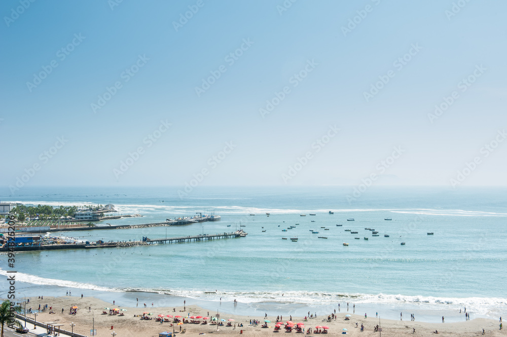 Aerial view of chorrillos district beach and port in Lima, Peru