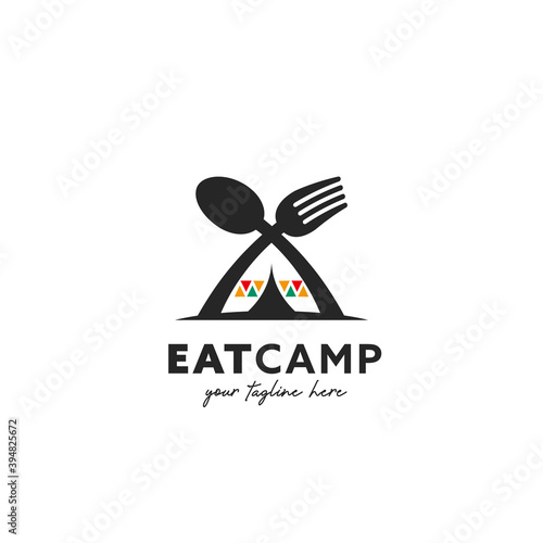 Eat camp camping foodie logo symbol with unique traditional ethnic african tent illustration icon