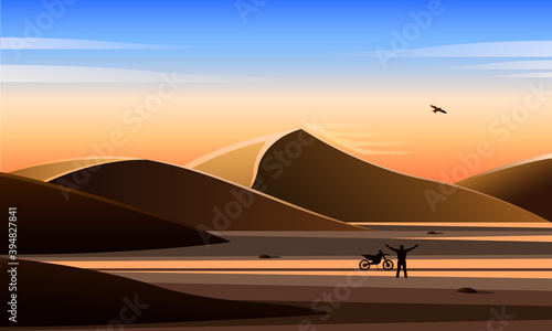 Man with a motorcycle in the desert  Realistic landscape.