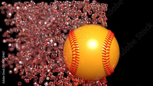 Yellow-Red Baseball with diamond particles under fire flare lighting. 3D illustration. 3D CG. 3D high quality rendering.