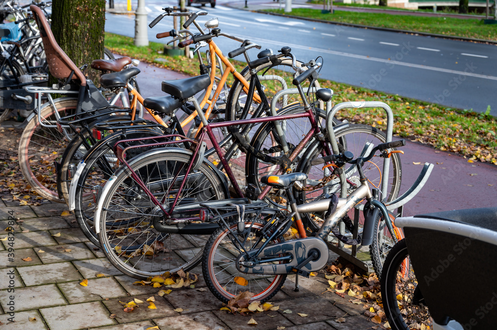 City life and transportation in Netherlands, bicycle parking in old part of Amsterdan