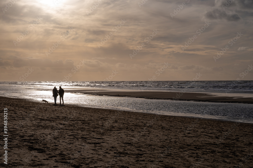 Winter walking on wide sandy beach of North sea near Zandvoort in Netherlands