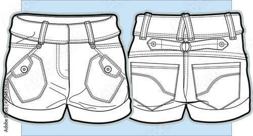 SHORTS, FOR GIRLS AND BABIES. FASHION SHORTS FLAT SKETCH VECTOR