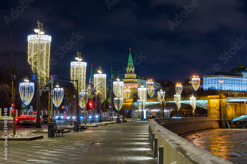 Night view on Moscow River embankment with christmas illumination