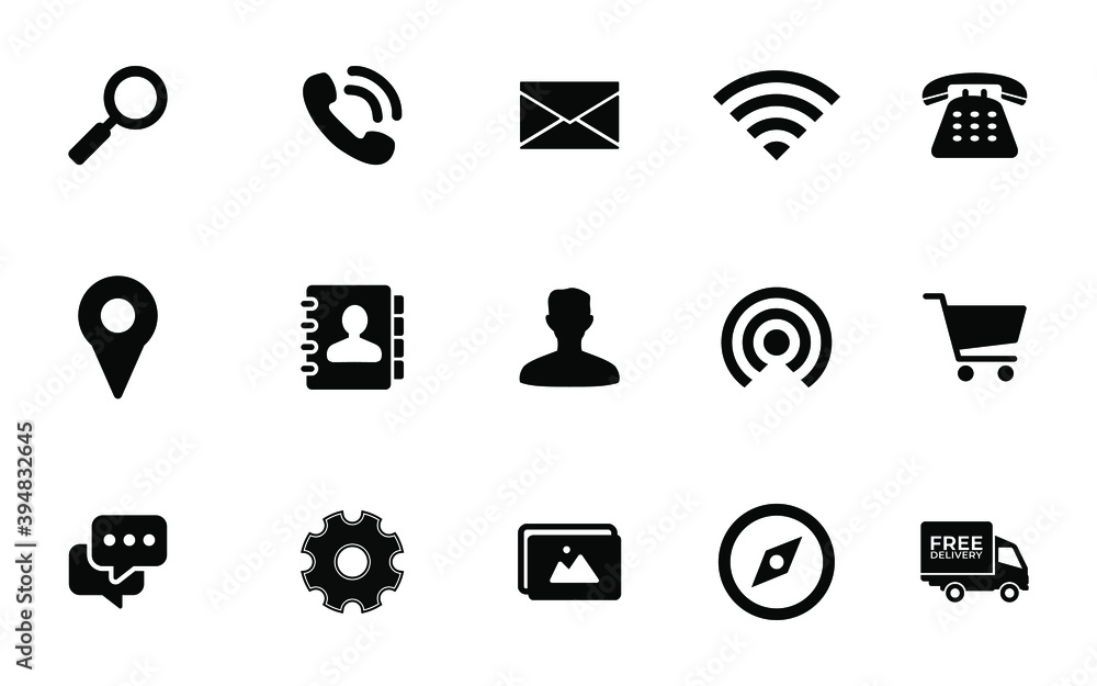 icon set. search icon, phone icon, mail icon, location pin icon contact icon, phonebook icon, shooping cart icon, chat icon, gear icon, navigation icon, truck delivery icon. icon set. search icon, phone icon, mail icon, location pin icon contact icon, phonebook icon, shooping cart icon, chat icon, gear icon, navigation icon, truck delivery icon.