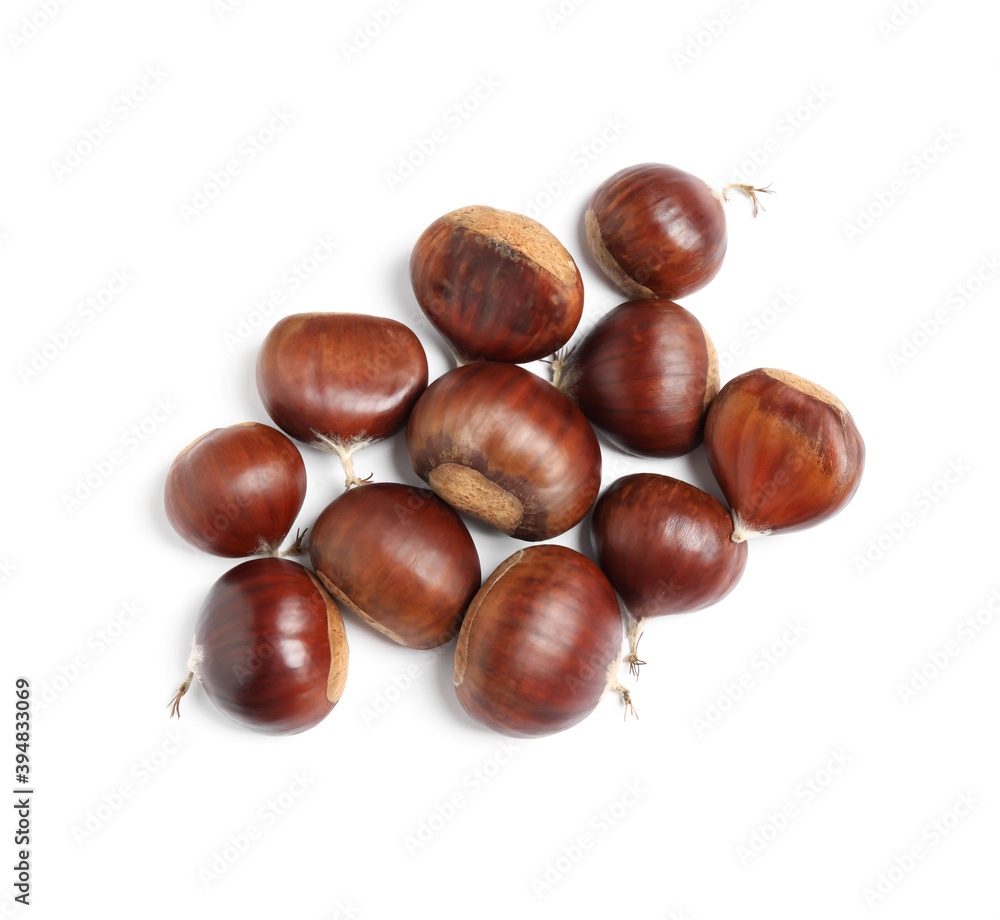 Fresh sweet edible chestnuts on white background, top view Fresh sweet edible chestnuts on white background, top view