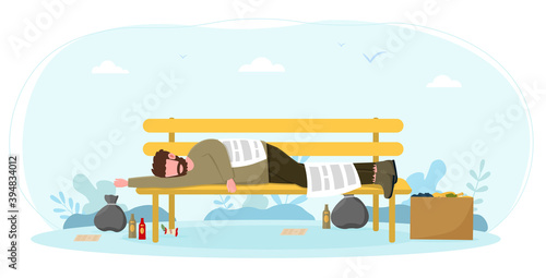 Homeless bum sleeping on bench. Concept of poor male beggar depressed character in dirty torn clothes in city park with empty alcohol bottles nearby. Flat cartoon vector illustration