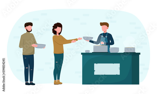 Voluntary and donation for homeless people. Concept of supporting bums providing warm food from volunteers. Flat cartoon vector illustration