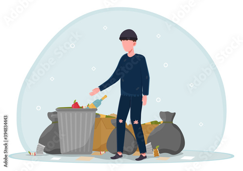 Homeless man in torn clothes near trash can. Concept of unemployed bum wandering streets and looking for food or shelter next to dump of rubbish. Flat cartoon vector illustration