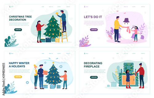 Illustration sets of people preparing for winter holidays. Concept of cozy family gathering for decorating christmas tree and house interior including fireplace. Website, landing page template