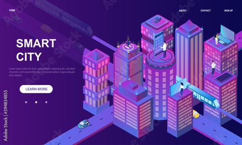 isometric illustration of smart city. Intelligent buildings. Streets of the city connected to computer network. Concept of modern city where street connected to computer network. Web page template
