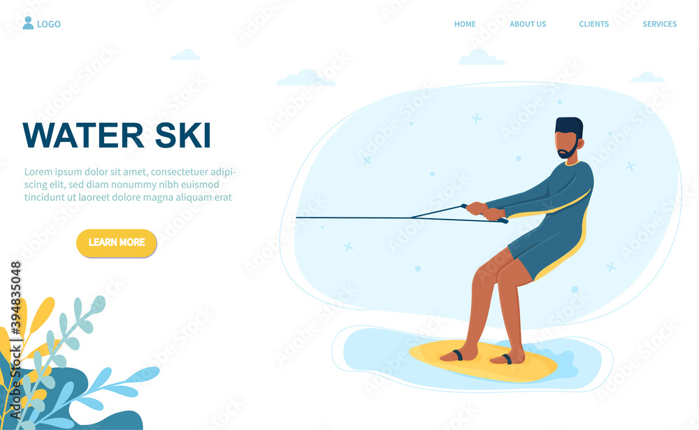 Black male character water skiing. Concept of extreme sports experience, active lifestyle and summer ocean activities. Sportsman balancing on board with rope. Website, web page, landing page template