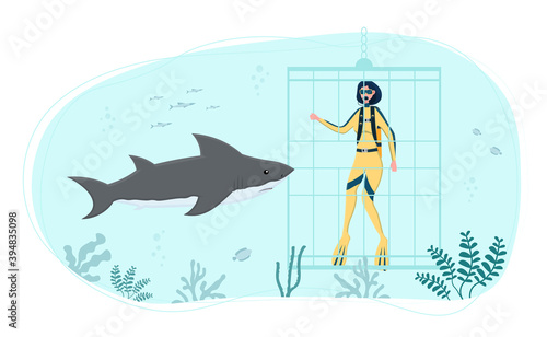 Diver in diving cage observing white shark. Ocean biology research. Brave female explorer against shark under water. Scary scene in marine wildlife. Flat cartoon vector illustration