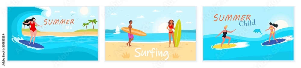 Set of scenes from surf school. Concept of extreme sport outdoor with people surfing long waves near palms, blue sea water. Flat cartoon vector illustration Set of scenes from surf school. Concept of extreme sport outdoor with people surfing long waves near palms, blue sea water. Flat cartoon vector illustration