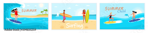 Set of scenes from surf school. Concept of extreme sport outdoor with people surfing long waves near palms, blue sea water. Flat cartoon vector illustration