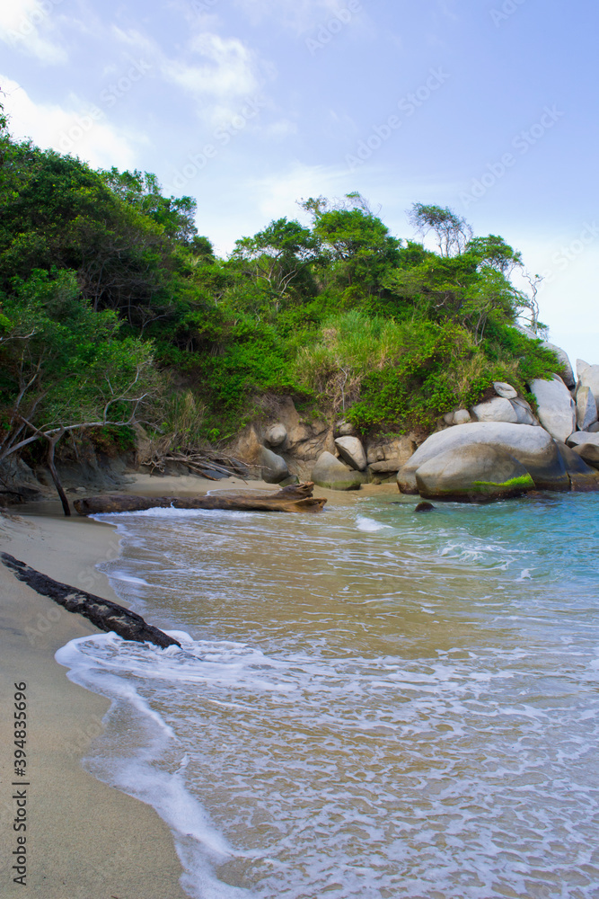 Landscape on the shore of Nudist beach, Tayrona Park. Santa Marta, Colombia. Stock Photo Adobe