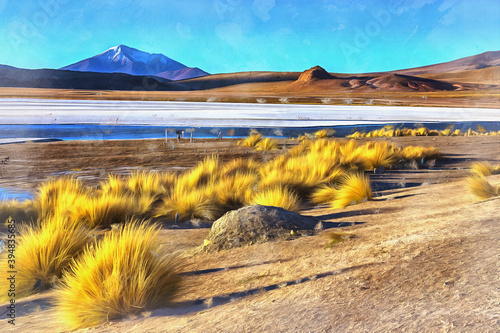 Beautiful scenery landscape with mountain valley colorful painting, Uyuni salt flat, Bolivia.