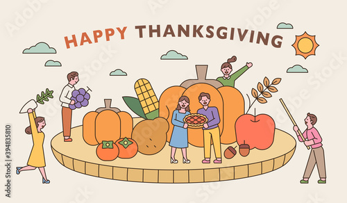 Thanksgiving banner. People are carrying crops around huge crops. flat design style minimal vector illustration.