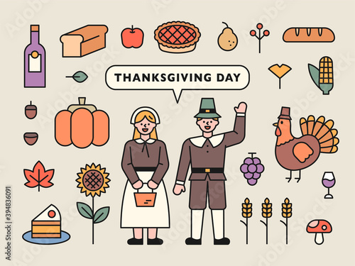 Male and female characters in traditional clothes greet each other. Collection of Thanksgiving icons. flat design style minimal vector illustration.