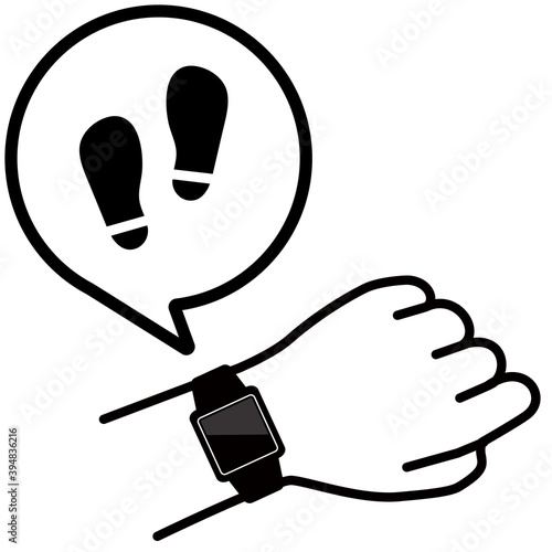 腕のスマートウォッチを確認する様子のベクターイラスト　足跡アイコン