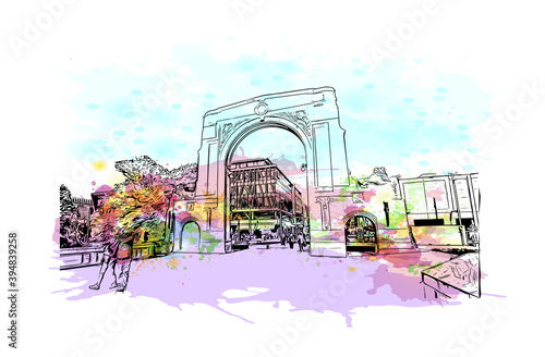 Building view with landmark of Christchurch is the largest city in the South Island of New Zealand. Watercolour splash with hand drawn sketch illustration in vector.