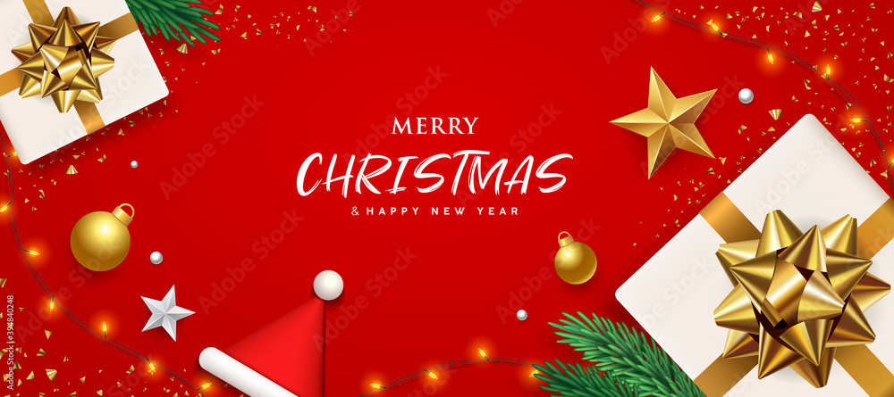 Merry Christmas white gift box gold bow ribbon banners design on red background, Eps 10 vector illustration