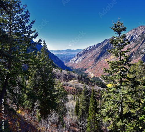 Red Pine Lake views from trail mountain landscape towards Salt Lake Valley in Little Cottonwood Canyon, Wasatch Rocky mountain Range, Utah, United States. 